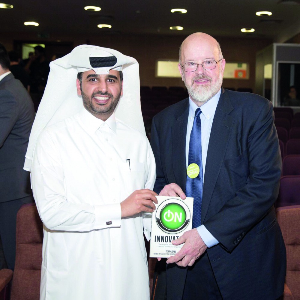 Abdulaziz bin Nasser Al Khalifa (left), QDB CEO and QBIC Chairman with Terry Jones at the event.