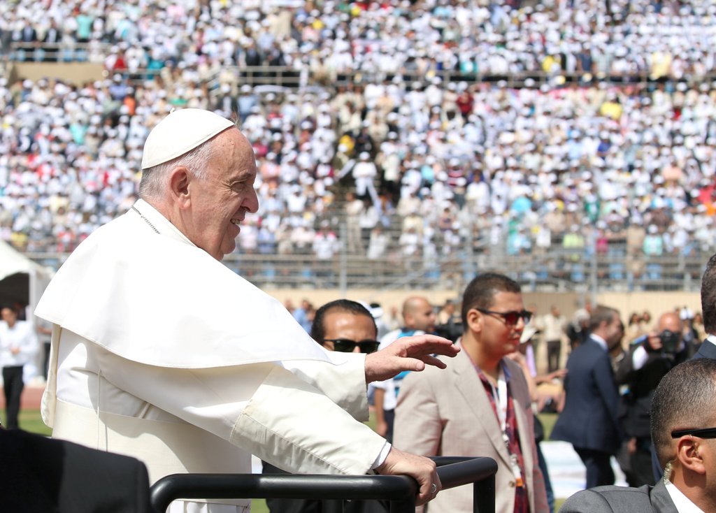 Pope Francis arrives to lead a mass in Cairo, Egypt April 29, 2017. REUTERS/Alessandro Bianchi