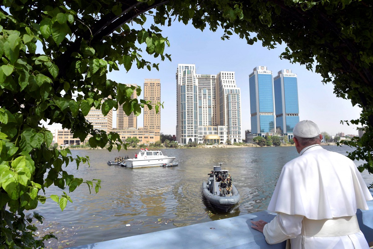 Pope Francis looks over the river Nile from a terrace in Cairo, Egypt April 29, 2017. Osservatore Romano/Handout via REUTERS