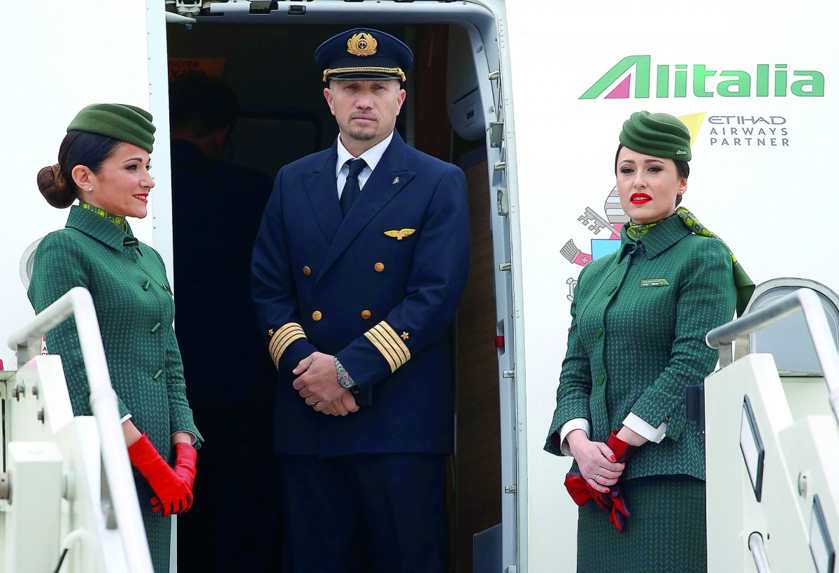 Alitalia's flight attendants are seen at the Leonardo da Vinci-Fiumicino Airport in Rome
