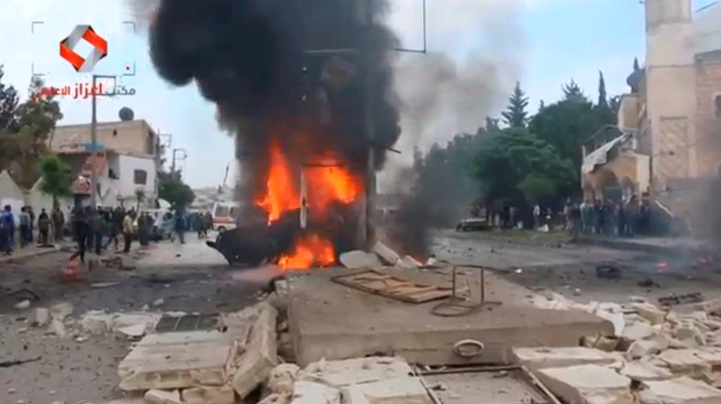 A still image taken from a video posted to a social media website said to be shot on May 3, 2017, shows what is said to be the site of a car bomb in what is said to be Azaz, Syria.