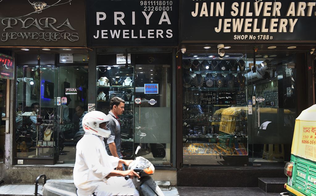 Jewellery is displayed for sale in shop windows in the Indian capital New Delhi on May 8, 2017. AFP / Money Sharma 
