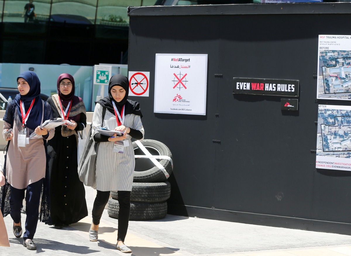 People visit an exhibition during a conflict medicine conference at the American University of Beirut Medical Center (AUBMC) in Beirut, Lebanon May 11, 2017. REUTERS/Mohamed Azakir