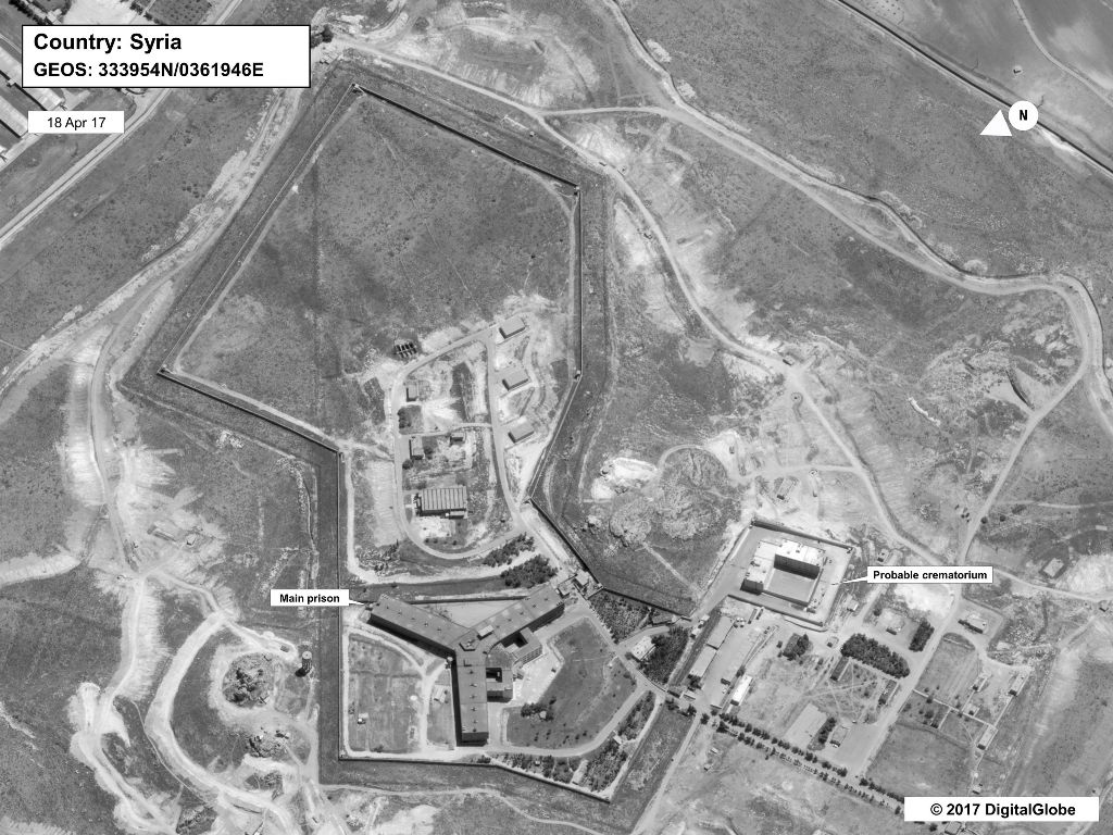 (FILES) A handout satellite image dated April 18, 2017 courtesy of DigitalGlobe and released May 15, 2017 by the US Department of State shows the Saydnaya prison, one of Syria's largest detention centres, located 30 kilometres (18 miles) north of Damascus