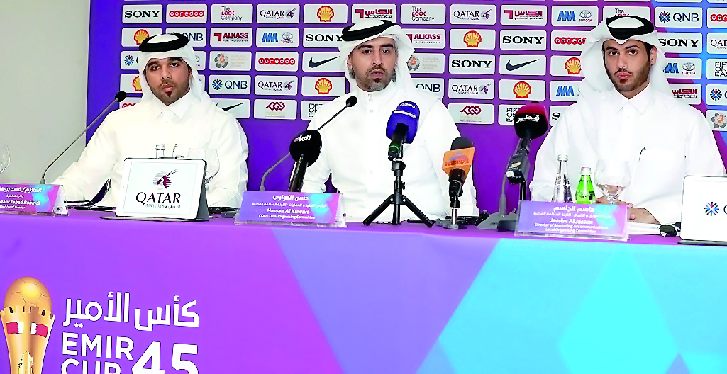 (From left) Lieutenant Fahad Buhindi, Representative of the Ministry of Interior, Hassan Al Kuwari, Chief Operating Officer of the Organising Committee and Jassim Al Jassim, Marketing and Communications Manager, addressing media during a press conference 