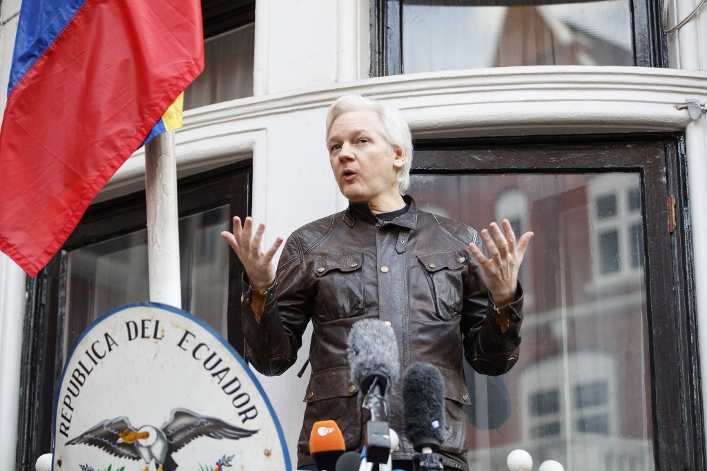 LONDON, UNITED KINGDOM: Wikileaks founder Julian Assange speaks on the balcony of Ecuadorian embassy on May 19, 2017 in London, England, where he has been taken asylum since 2012, after the Swedish authorities have announced that they dropped their invest