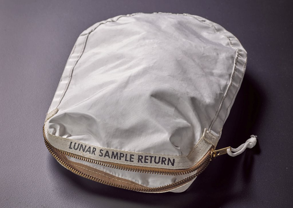 An Apollo 11 Contingency Lunar Sample Return Bag, used by astronaut Neil Armstrong on Apollo 11 to bring back the very first pieces of the moon ever collected, is seen in an undated photo supplied by Sotheby's auction house in New York May 19, 2017. Court