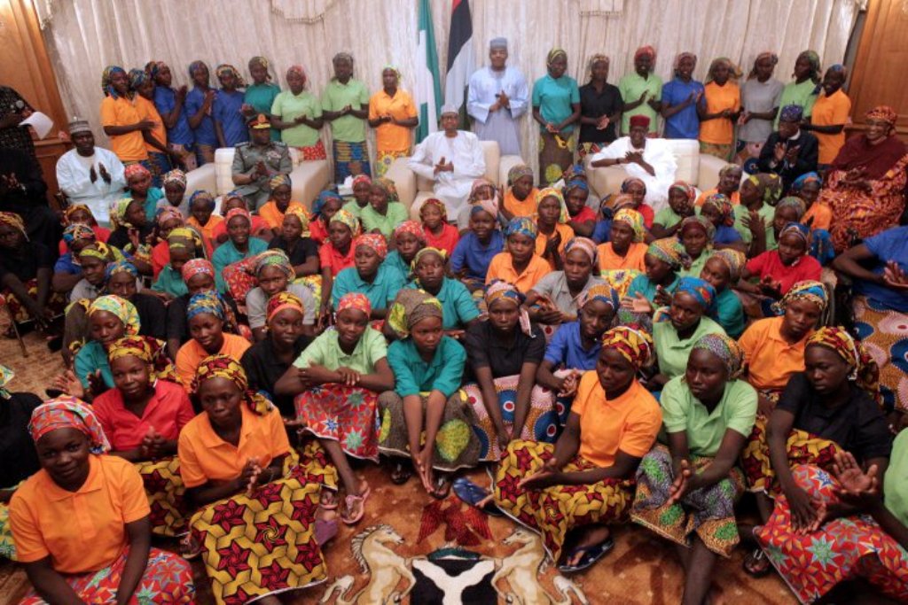 A group of Chibok girls, who were held captive for three years by the millitant group Boko Haram, in Abuja, Nigeria, May 7, 2017.  Bayo Omoboriowo—Presidential Office Handout Handout/Reuters.—REUTERS.