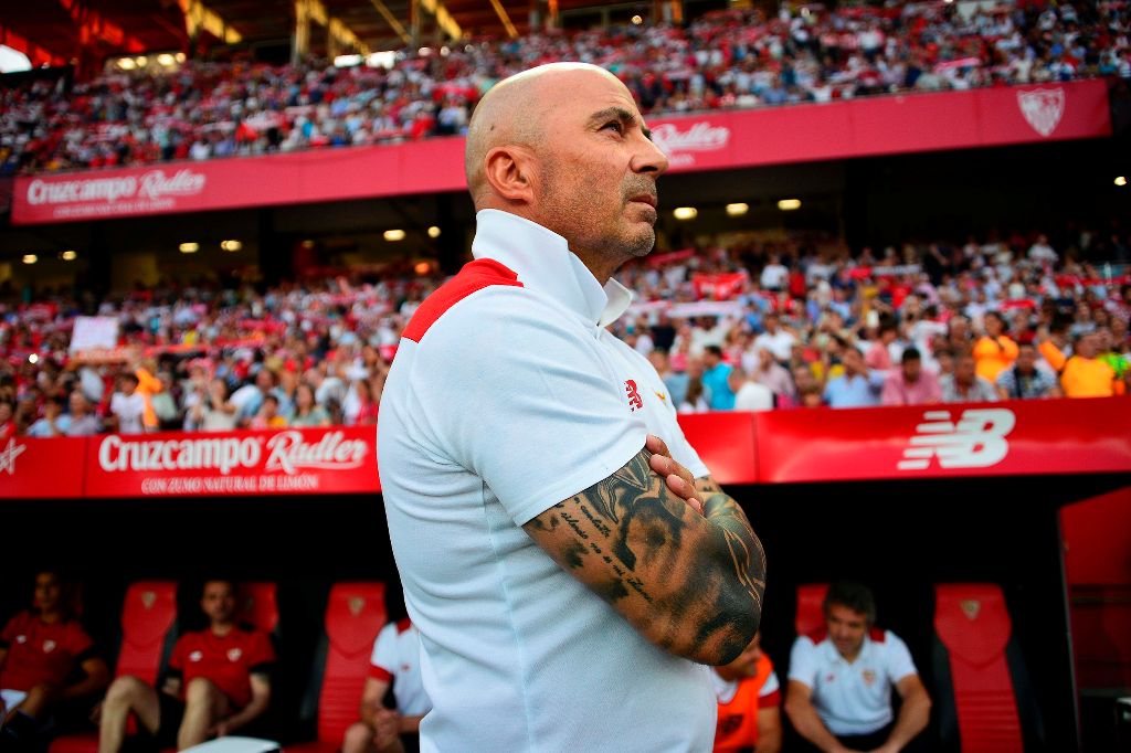 Sevilla's Argentinian coach Jorge Sampaoli looks on before his last game as a coach before the Spanish league football match Sevilla FC vs CA Osasuna at the Ramon Sanchez Pizjuan stadium in Sevilla on May 20, 2017. / AFP / CRISTINA QUICLER