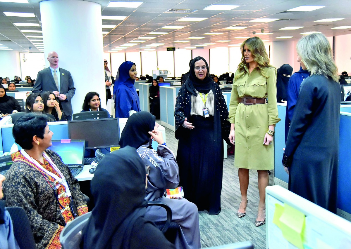 US First Lady Melania Trump (second right) chats with employees during a visit to the GE All-Women Business Process Services and IT Centre, yesterday in Riyadh.