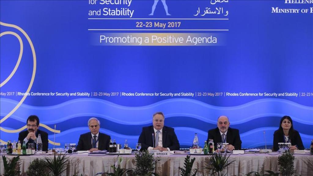 RHODES ISLAND, GREECE - MAY 22 : Minister of Foreign Affairs of Greece Nikos Kotzias (C) delivers a speech during the Second Rhodes Conference for Security and Stability in Rhodes Island, Greece on May 22, 2017. ( Ayhan Mehmet - Anadolu Agency ).