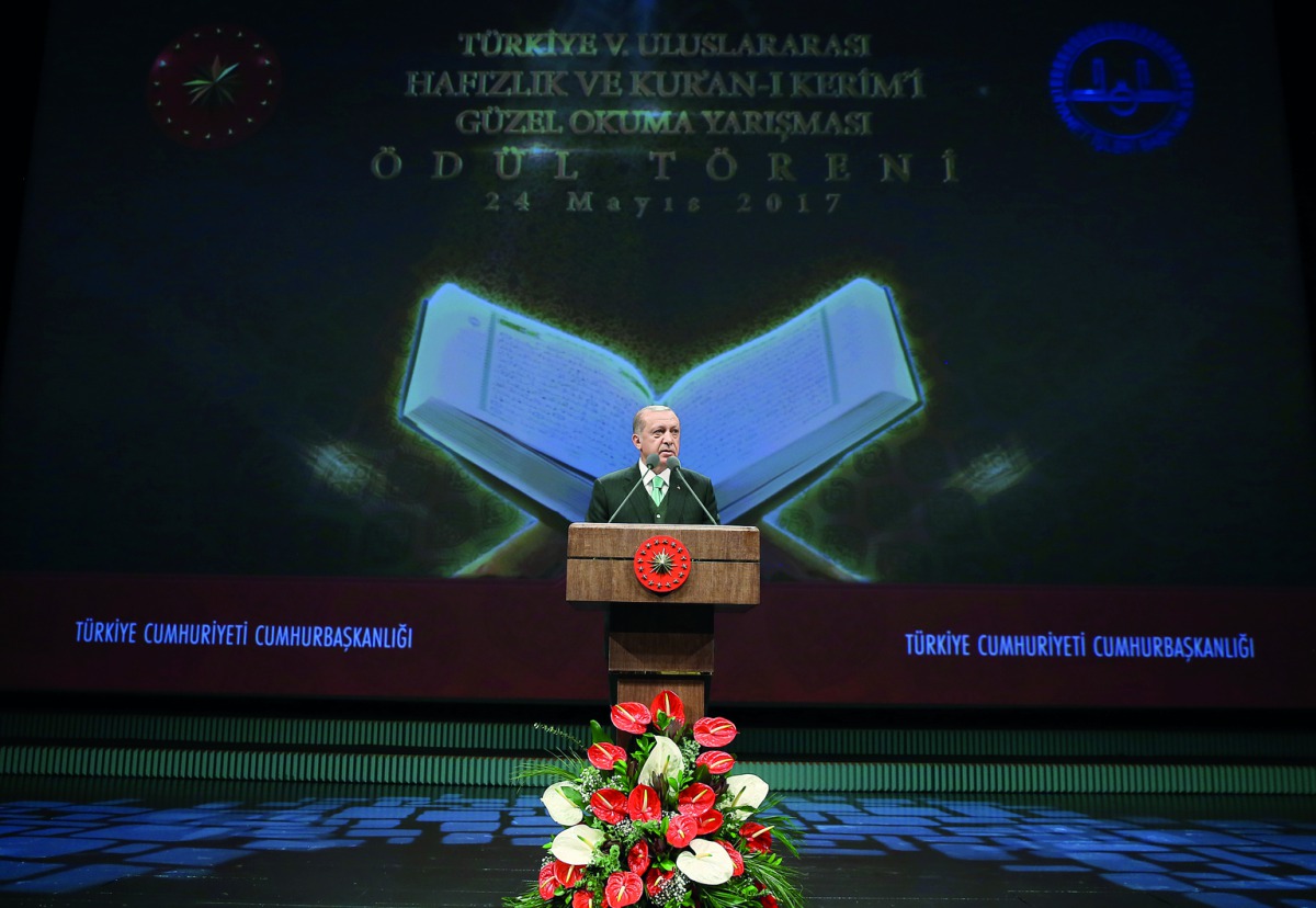 Turkish President Recep Tayyip Erdogan delivers a speech during the International Quran Recital Competition in Ankara, yesterday.