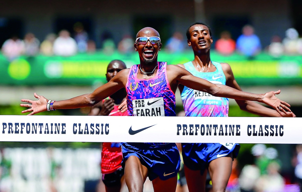 Mo Farah of Great Britain crosses the finish line to win the 5,000m during the 2017 Prefontaine Classic Diamond League at Hayward Field in Eugene, Oregon, yesterday.
