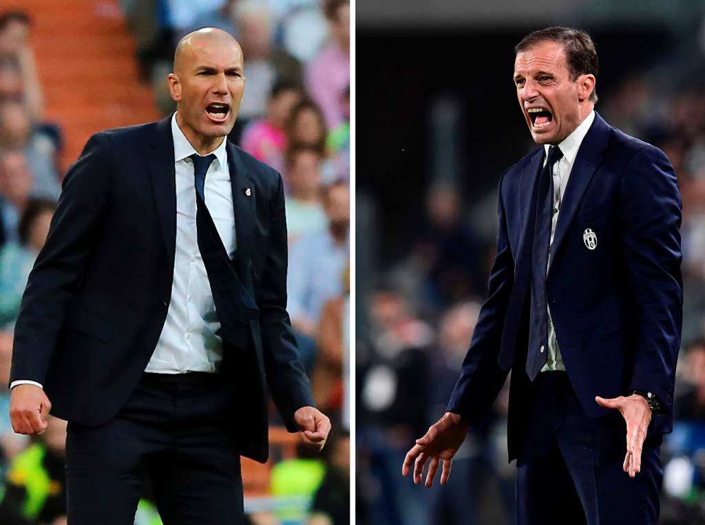 A combination of pictures created in London on May 31, 2017 shows Real Madrid's French coach Zinedine Zidane (L) and Juventus' coach from Italy Massimiliano Allegri (R). AFP / CESAR MANSO AND Miguel MEDINA
