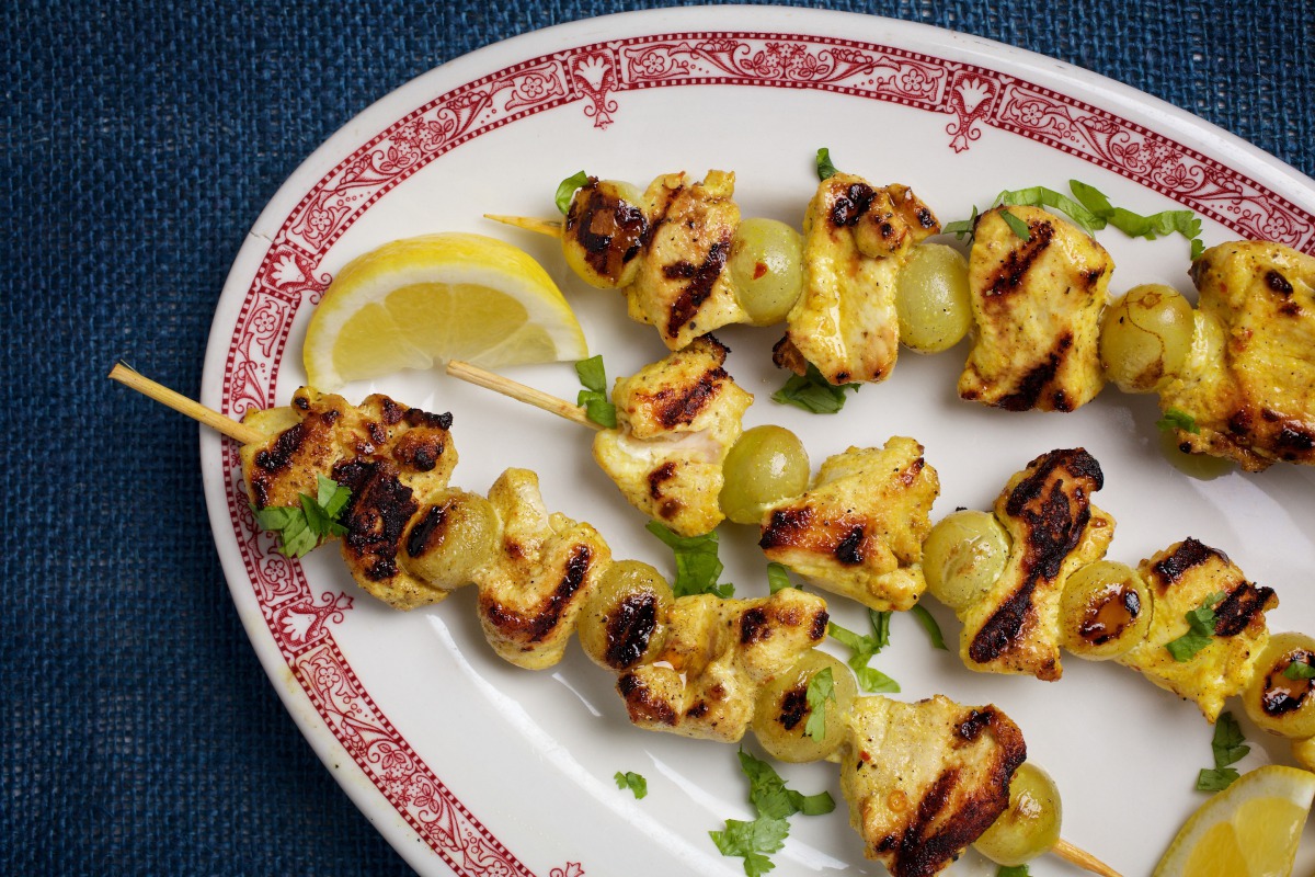 Spiced Chicken Skewers With Grapes. (Photo by Deb Lindsey for The Washington Post)