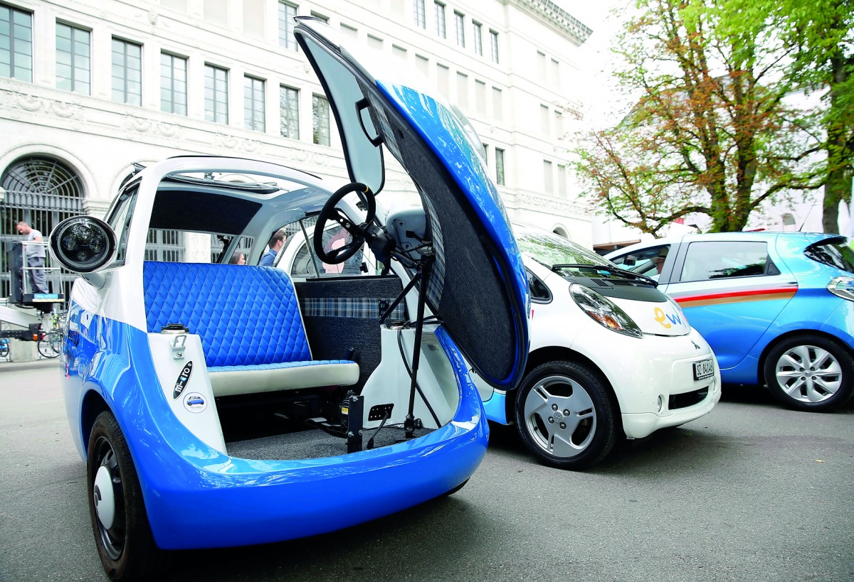 A Microlino electric car is seen at he world's biggest electric vehicle rally, the WAVE Trophy, in Zurich, yesterday.