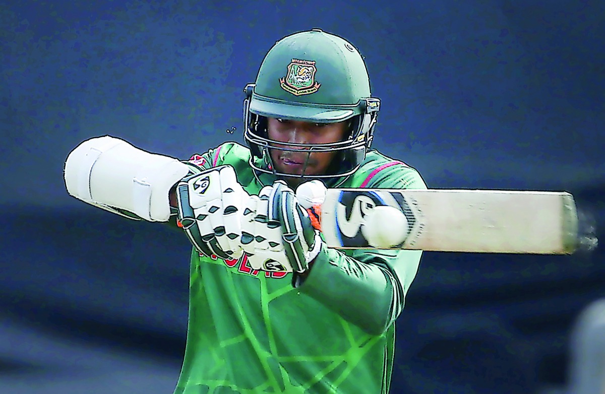 Bangladesh's Shakib Al Hasan plays a shot during the ICC Champions Trophy match against New Zealand in Cardiff, yesterday.