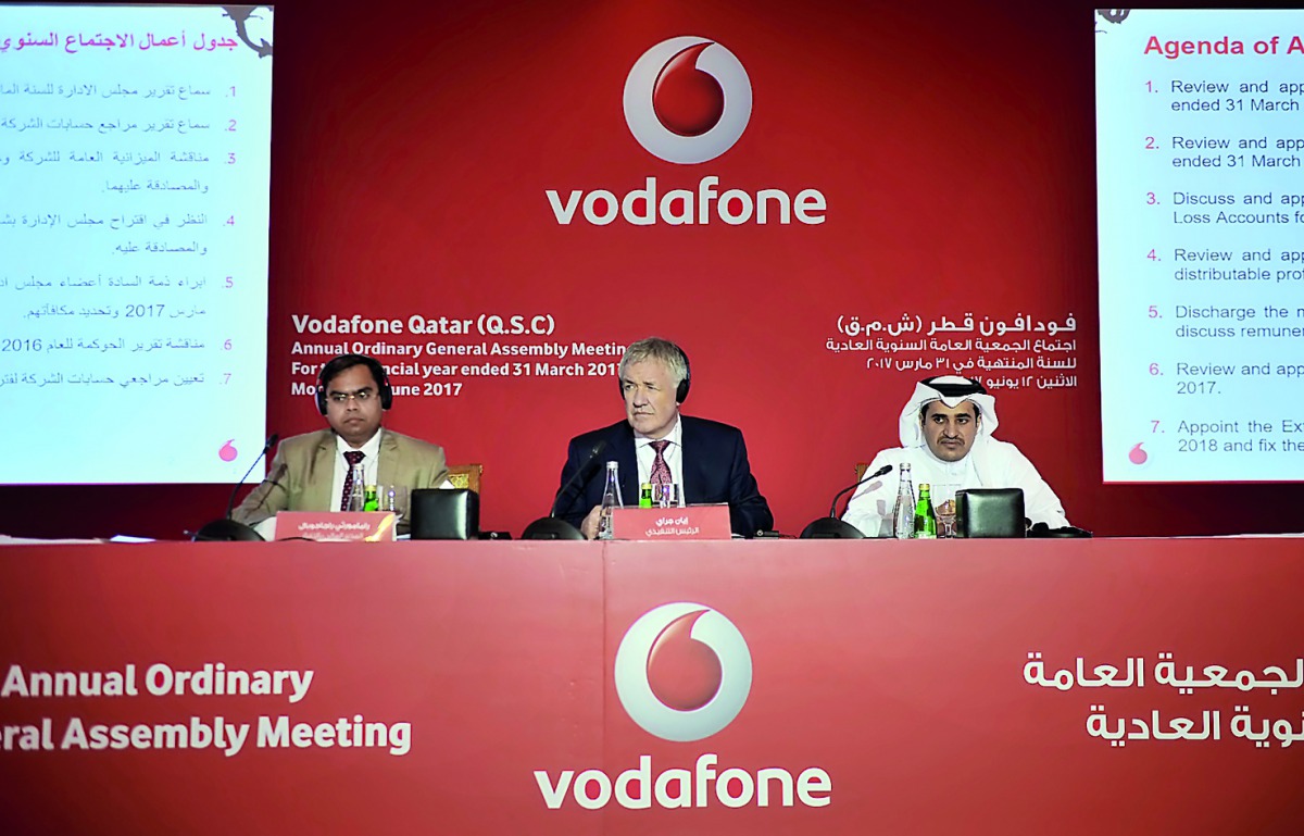 Ian Gray (centre), CEO of Vodafone Qatar; Nasser Al Marri (right), Board member; and Ramamoorthy Rajagopal, Acting Chief Financial Officer, during the Company's Annual General Assembly held at Four Season Hotel on Monday. Pic: Baher Amin/The Peninsula 