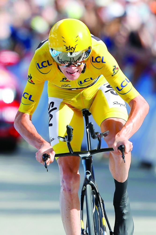Team Sky rider Chris Froome of Britain arrives at the finish line during the Tour de France in this 2016 file picture.