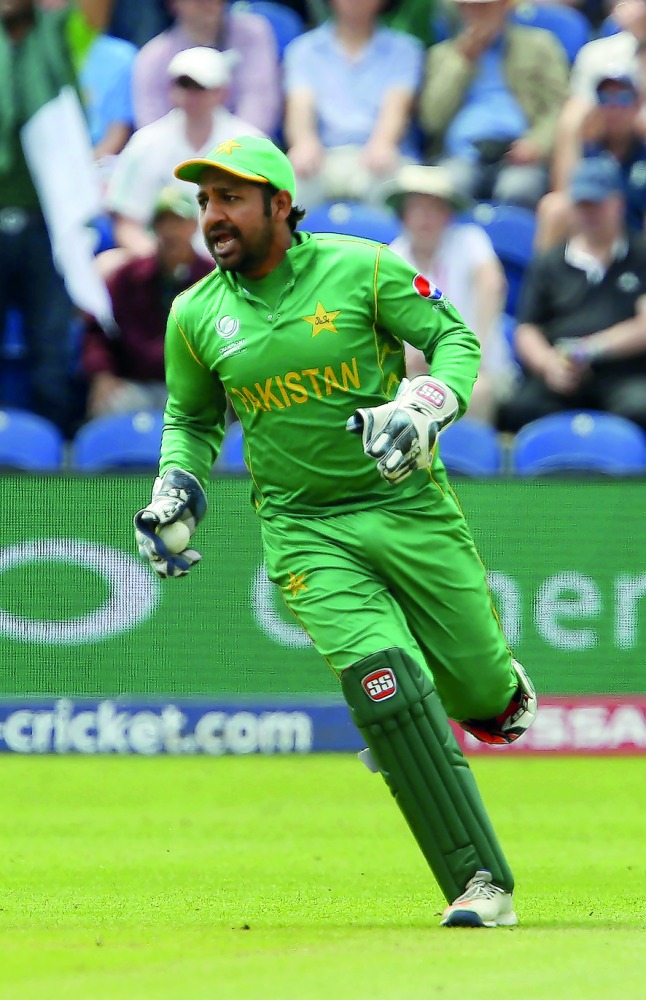 Pakistan's Sarfraz Ahmed celebrates during the ICC Champions Trophy semi-final against England and Pakistan in Cardiff on Wednesday.