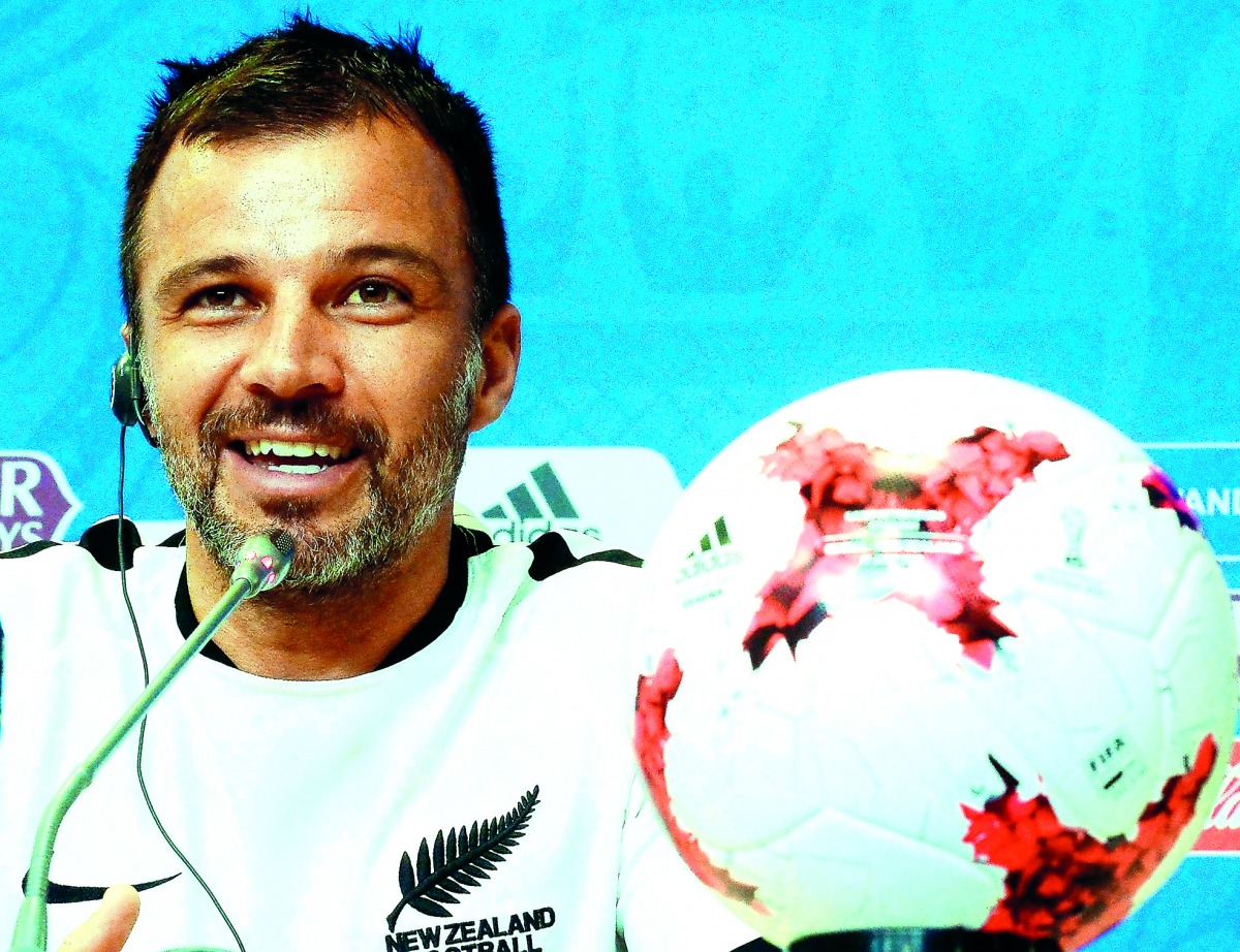 New Zealand's head coach Anthony Hudson talks to media during a press conference in Saint Petersburg.