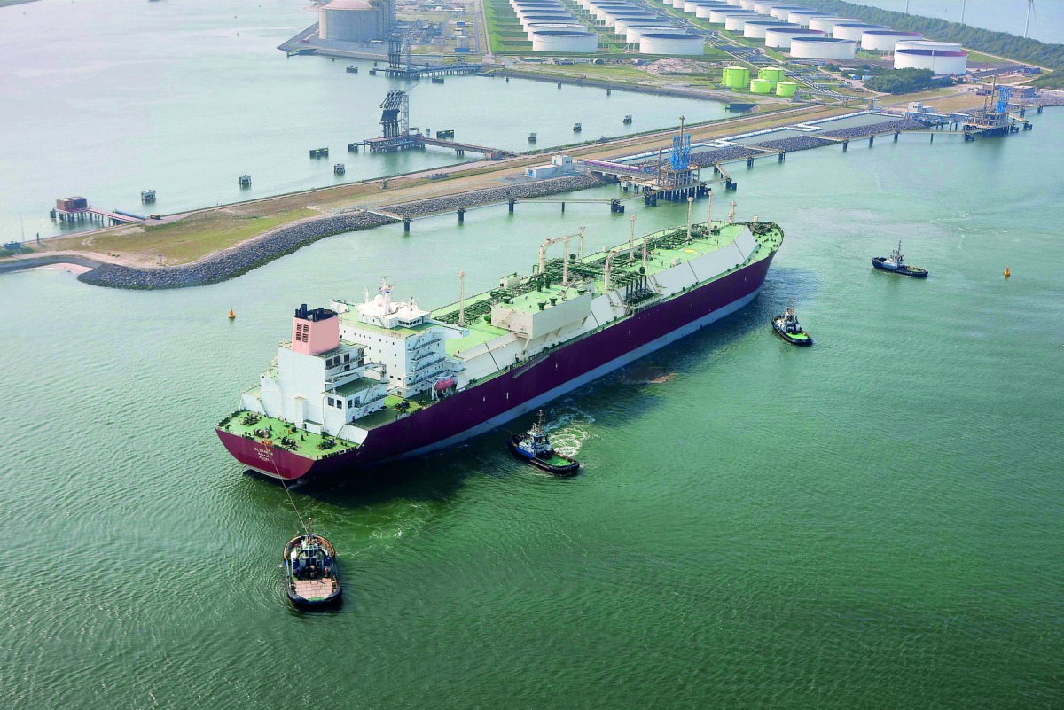 A Qatargas-chartered LNG vessel anchored at the Gate LNG Terminal in the Netherlands.