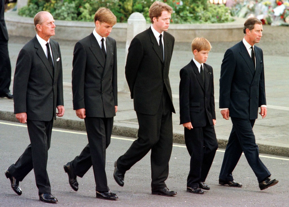This file photo taken on September 06, 1997 shows (L to R) Britain's Prince Philip, Duke of Edinburgh, Prince William, Earl Spencer, Prince Harry and Britain's Prince Charles, Prince of Wales walk outside Westminster Abbey during the funeral service for D
