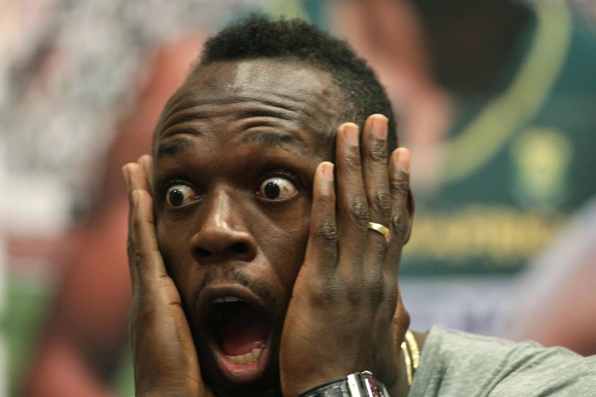 Jamaican sprinter Usain Bolt reacts during a press conference on June 26 , 2017 in Ostrava, ahead of Golden Spike athletics meeting event. (AFP / MILAN KAMMERMAYER)