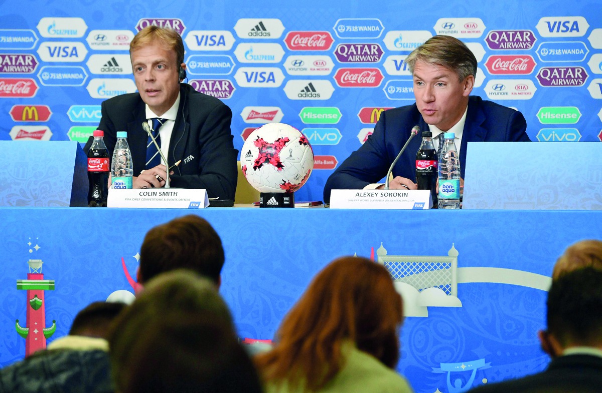 2018 FIFA World Cup Russia Local Organising Committee CEO Alexey Sorokin (right) and FIFA Chief Competitions and Events Officer Colin Smith attend the FIFA Confederations Cup 2017 press conference at the Saint Petersburg Stadium in Saint Petersburg on Mon