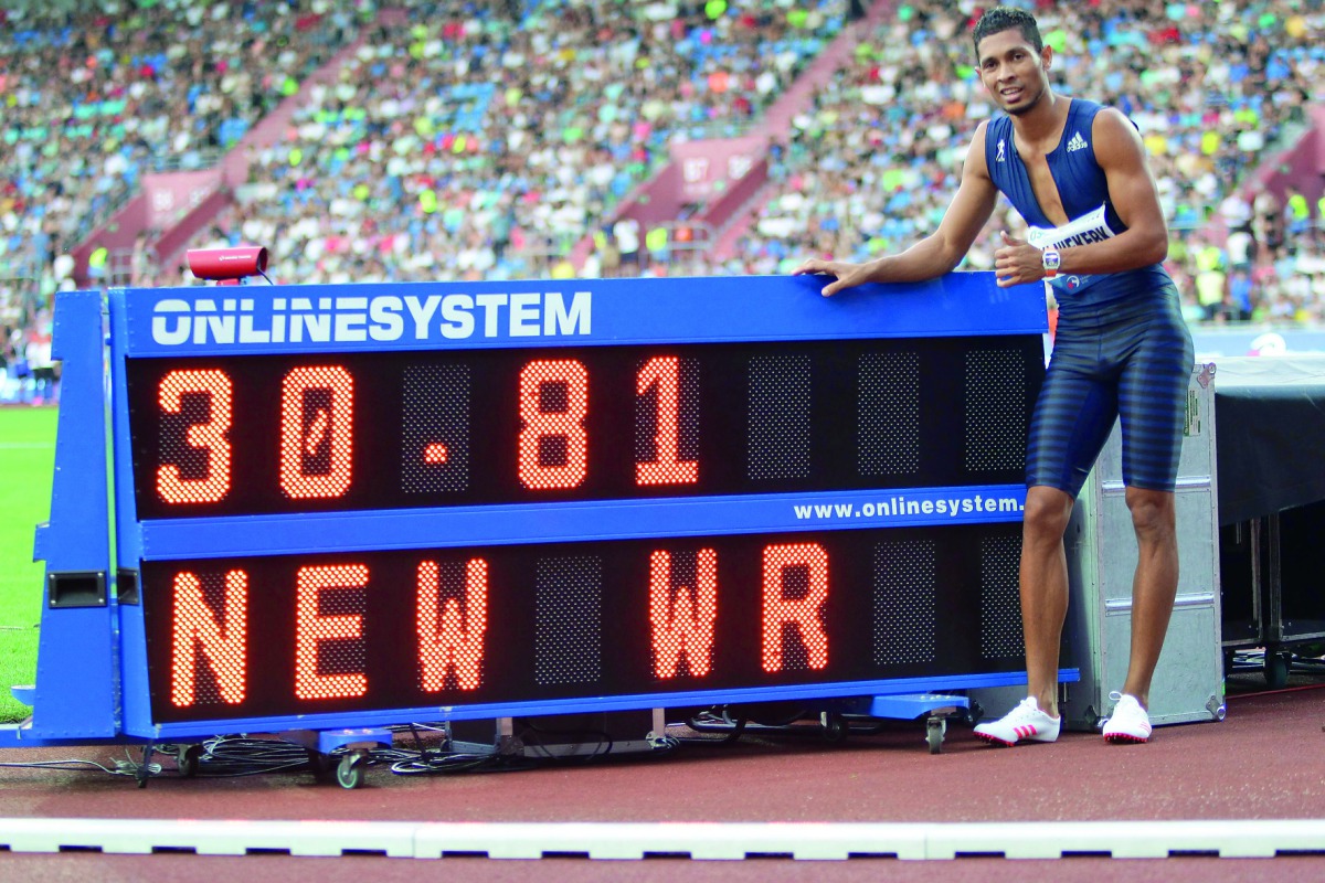 South African Wayde van Niekerk reacts next to his world record result during the IAAF World Challenge Zlata Tretra (Golden Spike) athletics tournament in Ostrava, Czech Republic, yesterday.