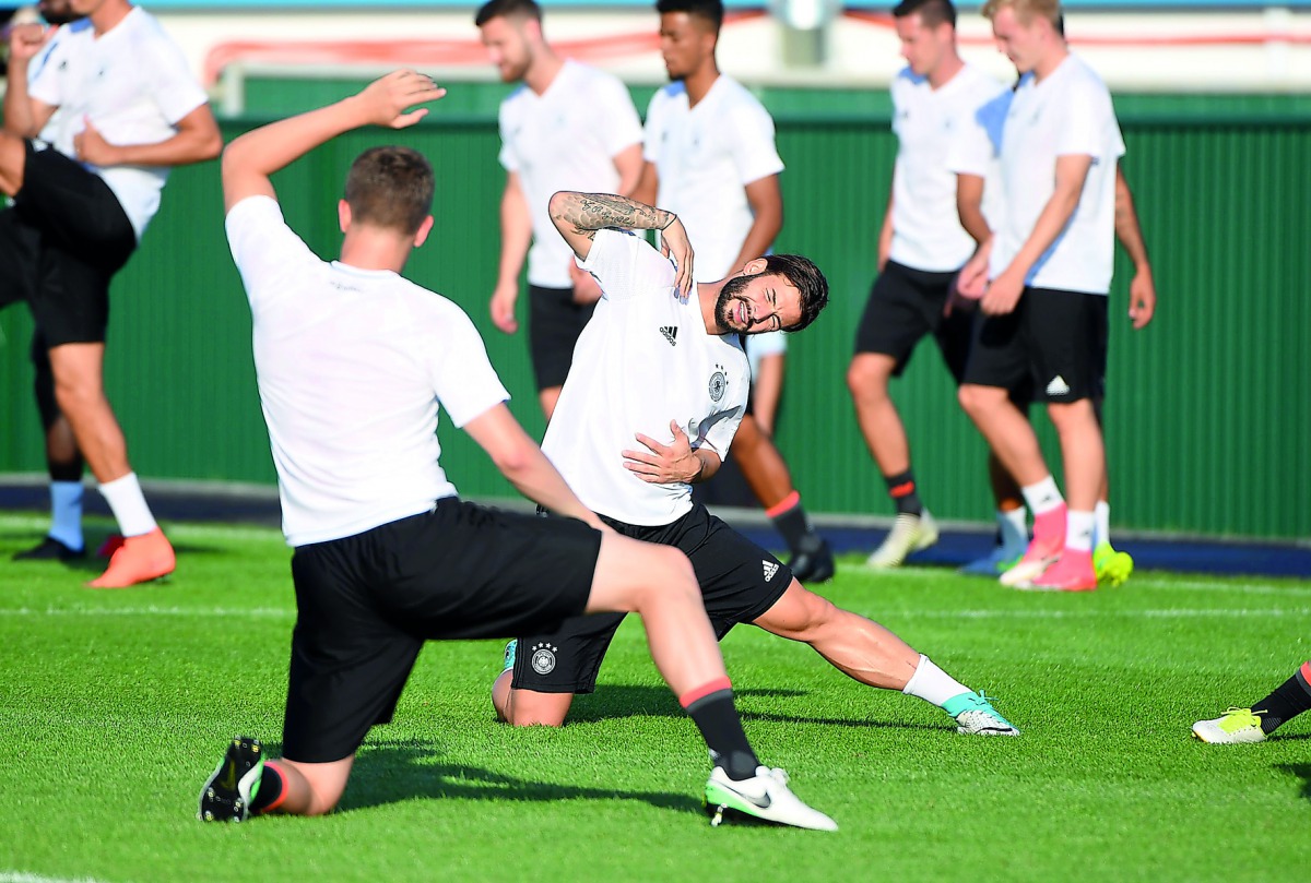 Germany's defender Marvin Plattenhardt (centre) attends a training session with team-mates in Sochi yesterday, on the eve of their 2017 FIFA Confederations Cup football semi-final match against  Mexico.