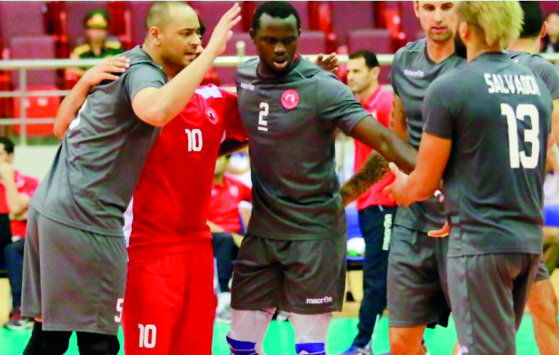 Al Arabi players celebrate after scoring a point against Yan Chai during the SMM 2017 Asian Men’s Club Volleyball Championship at the Ninh Binh Gymnasium in Vietnam yesterday.