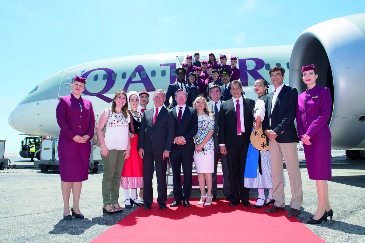 Qatar Airways crew members and other officials at the launch of the direct service to Nice.
