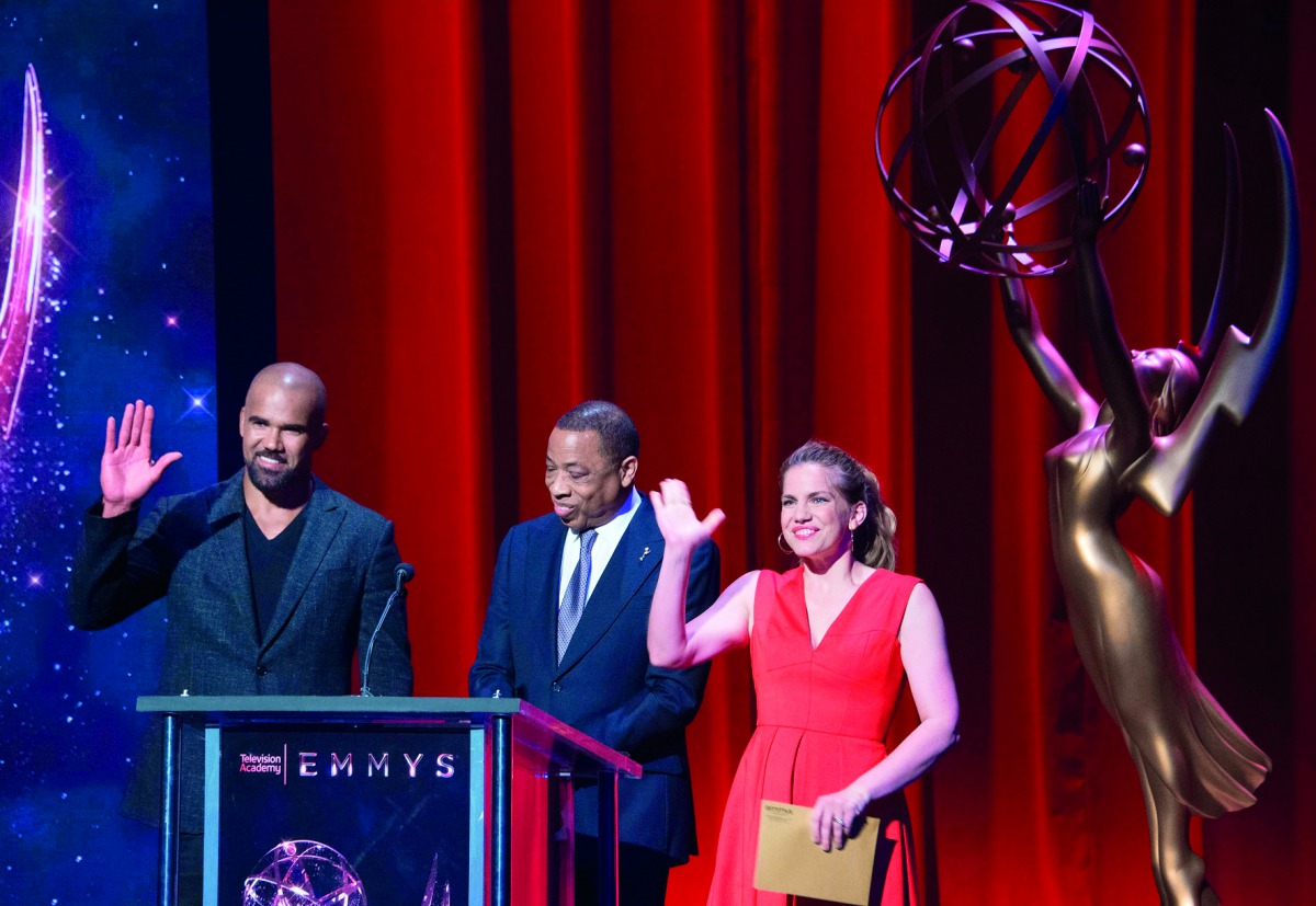 From left: Actor Shemar Moore Television Academy Chairman and CEO Hayman Washington and actress Anna Chlumsky present the nominees for the 69th Emmy Awards in Los Angeles, California, yesterday. 