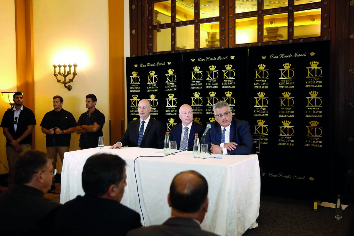 Jason Greenblatt (centre), US President Donald Trump's Middle East envoy, sits next to Tzachi Hanegbi (left), Israeli Minister of Regional Cooperation and Mazen Ghoneim, head of the Palestinian Water Authority, at a conference in Jerusalem, yesterday.