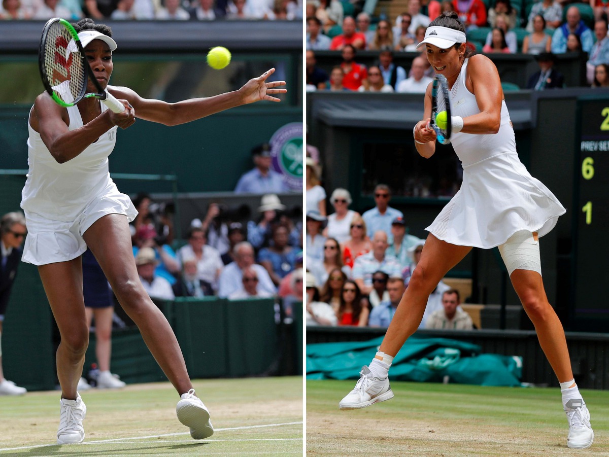 A combination of pictures created in London on July 14, 2017 shows US player Venus Williams (L) playing a shot and Spain's Garbine Muguruza (R) playing a shot as they compete to get to the women's singles final at the 2017 Wimbledon Championships at The A