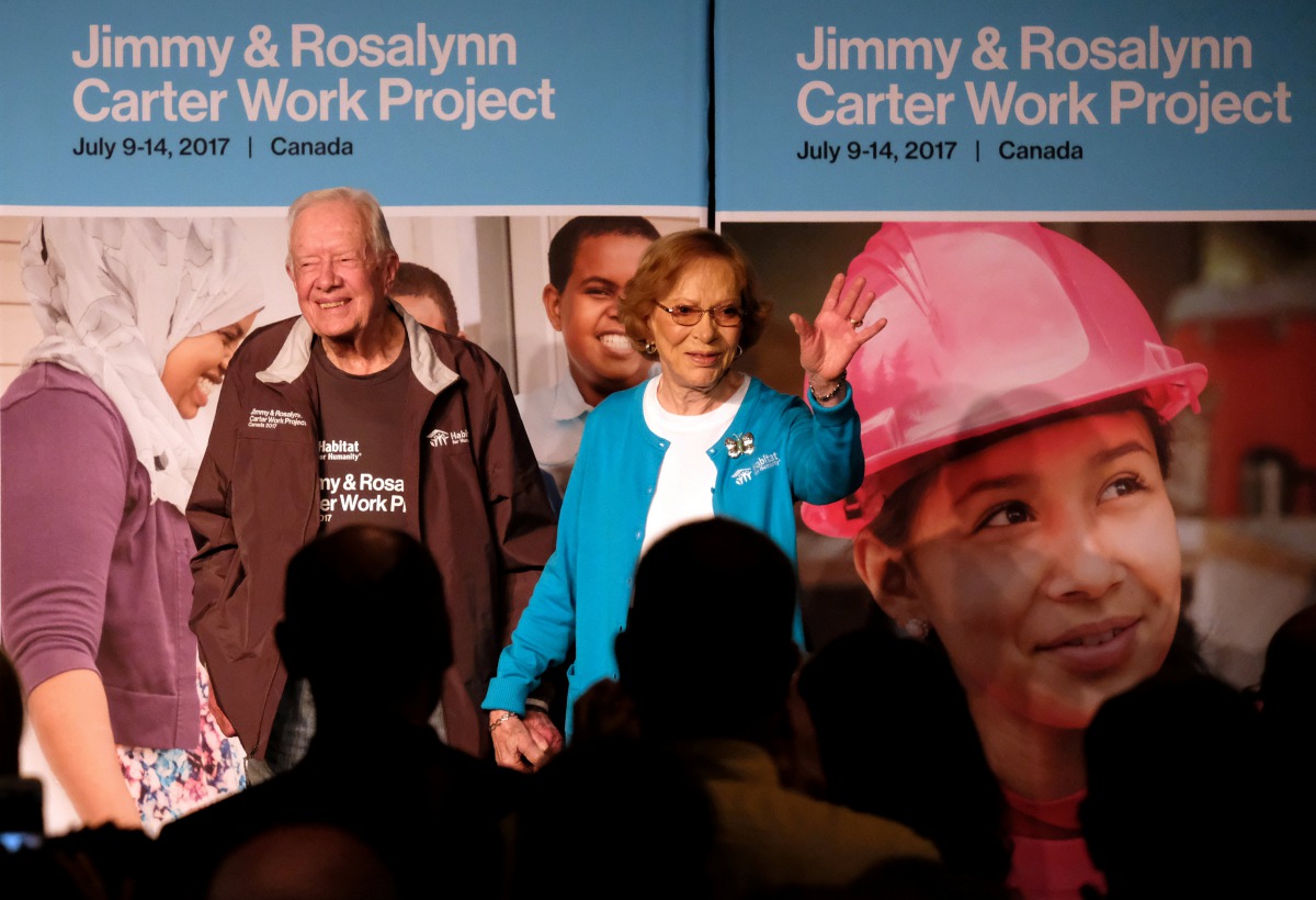 Former US President Jimmy Carter and his wife Rosalyn Carter at the Canadian Museum for Human Rights during a closing ceremony for a Habitat for Humanity project in Winnipeg, Manitoba, Canada, July 14, 2017. Reuters/Zachary Prong