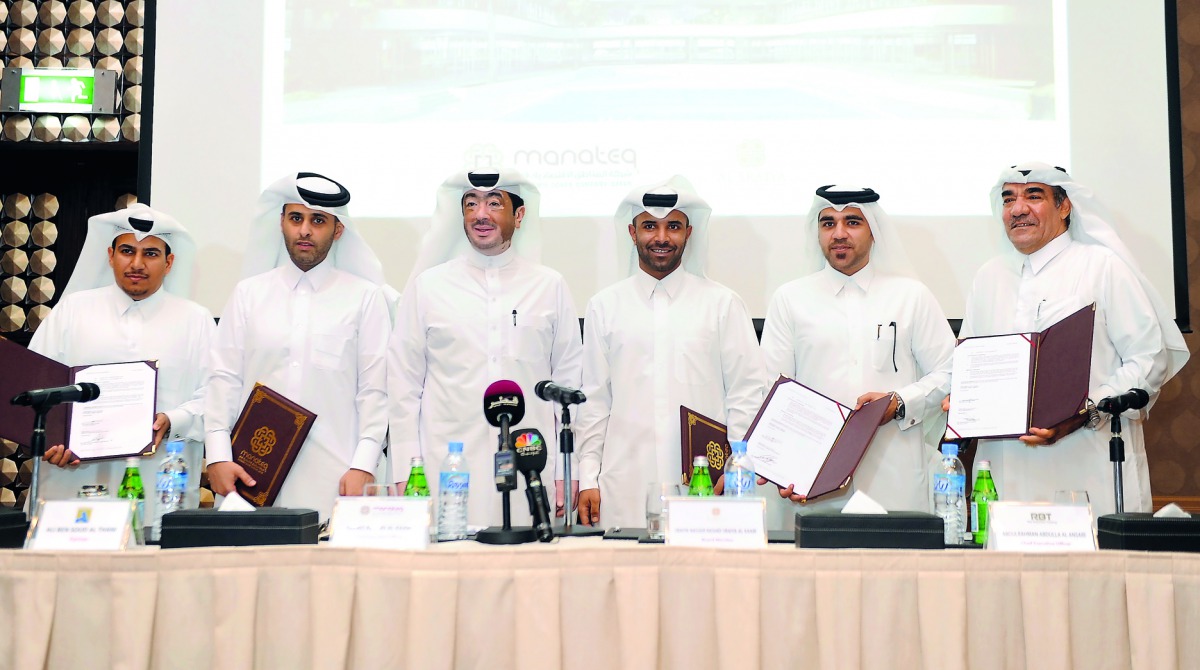 FROM LEFT: Jaafer Ali Jaafar Al Saraf, Board Member, Zukhrof Trading and Contracting, Sheikh Ali bin Soud Al Thani, Partner, Bab Ishtar Trading and Contracting, Fahad Rashid Al Kaabi, CEO Manateq, Sraiya Nasser Rashid Sriya Al Kaabi, Board Member Holding 
