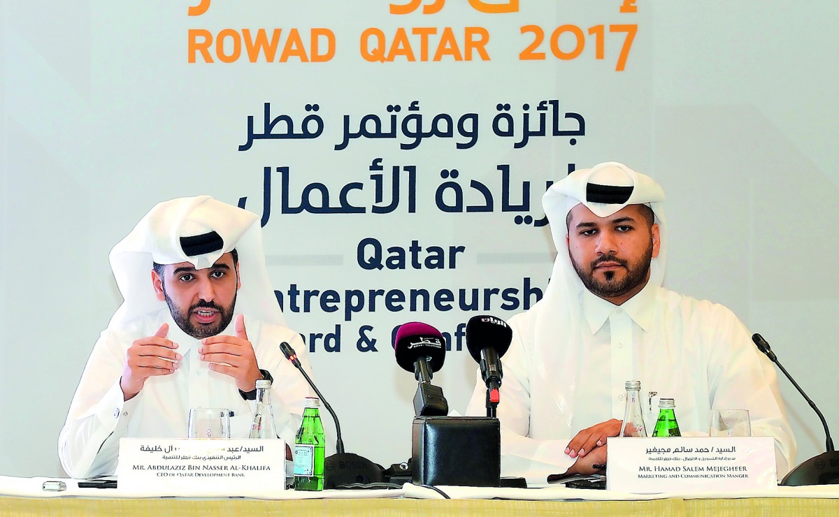 Abdulaziz bin Nasser Al Khalifa (left), CEO of QDB, and Hamad Salem Mejegheer, Marketing and Communication Manager, announcing the launch of Qatar Entrepreneurship Award 2017, yesterday. Photo by Kammutty VP/The Peninsula 
