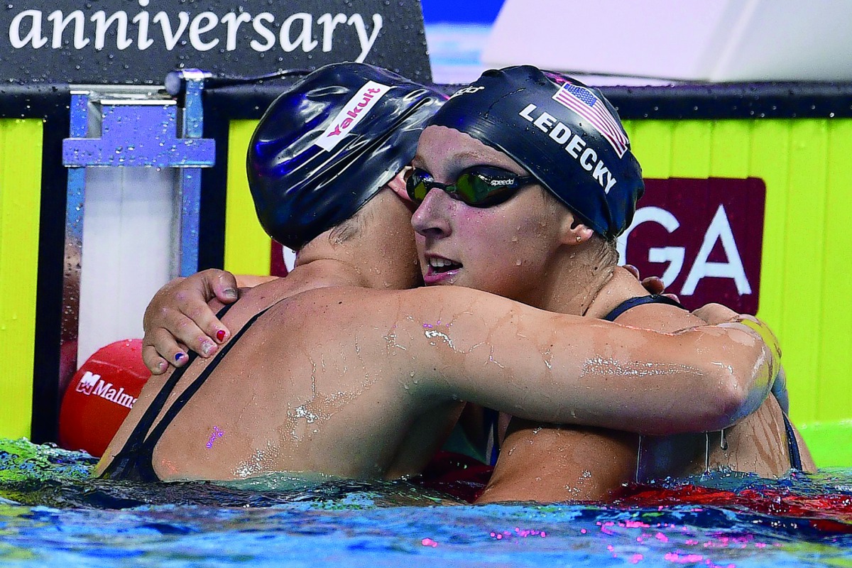 USA’s Katie Ledecky (right) celebrates with USA’s Leah Smith after winning the women’s 400m freestyle final at the 2017 FINA World Championships in Budapest, yesterday.