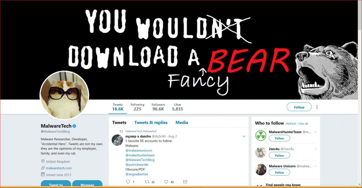 Twitter grab of a profile page purportedly of Marcus Hutchins