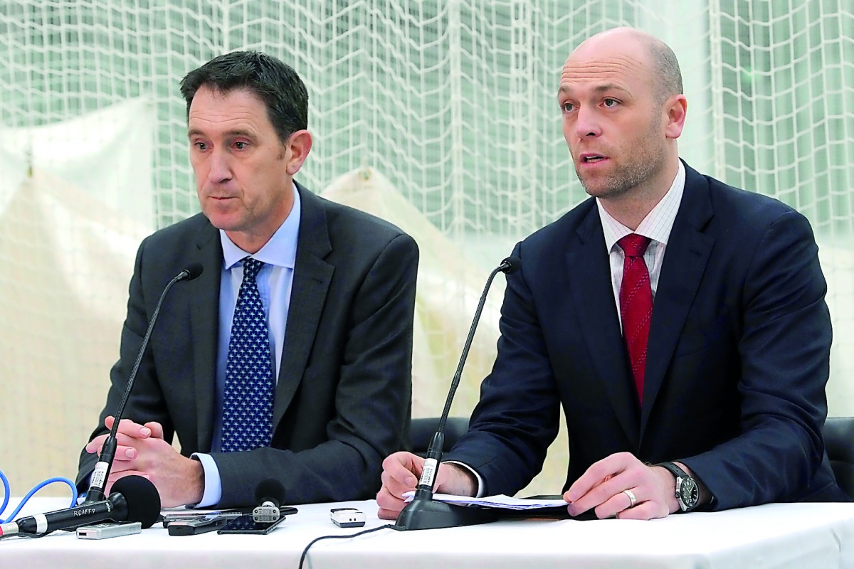 Cricket Australia CEO James Sutherland (left) and Australian Cricketers’ Association CEO Alistair Nicholson attend a press conference in Melbourne, yesterday. 