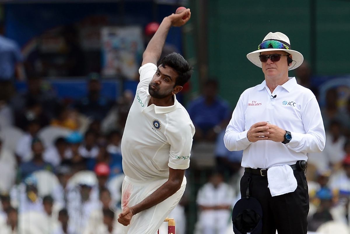 India's Ravichandran Ashwin delivers the ball during the third day of the second Test cricket match between Sri Lanka and India at the Sinhalese Sports Club (SSC) Ground in Colombo on August 5, 2017. / AFP / Lakruwan WANNIARACHCHI