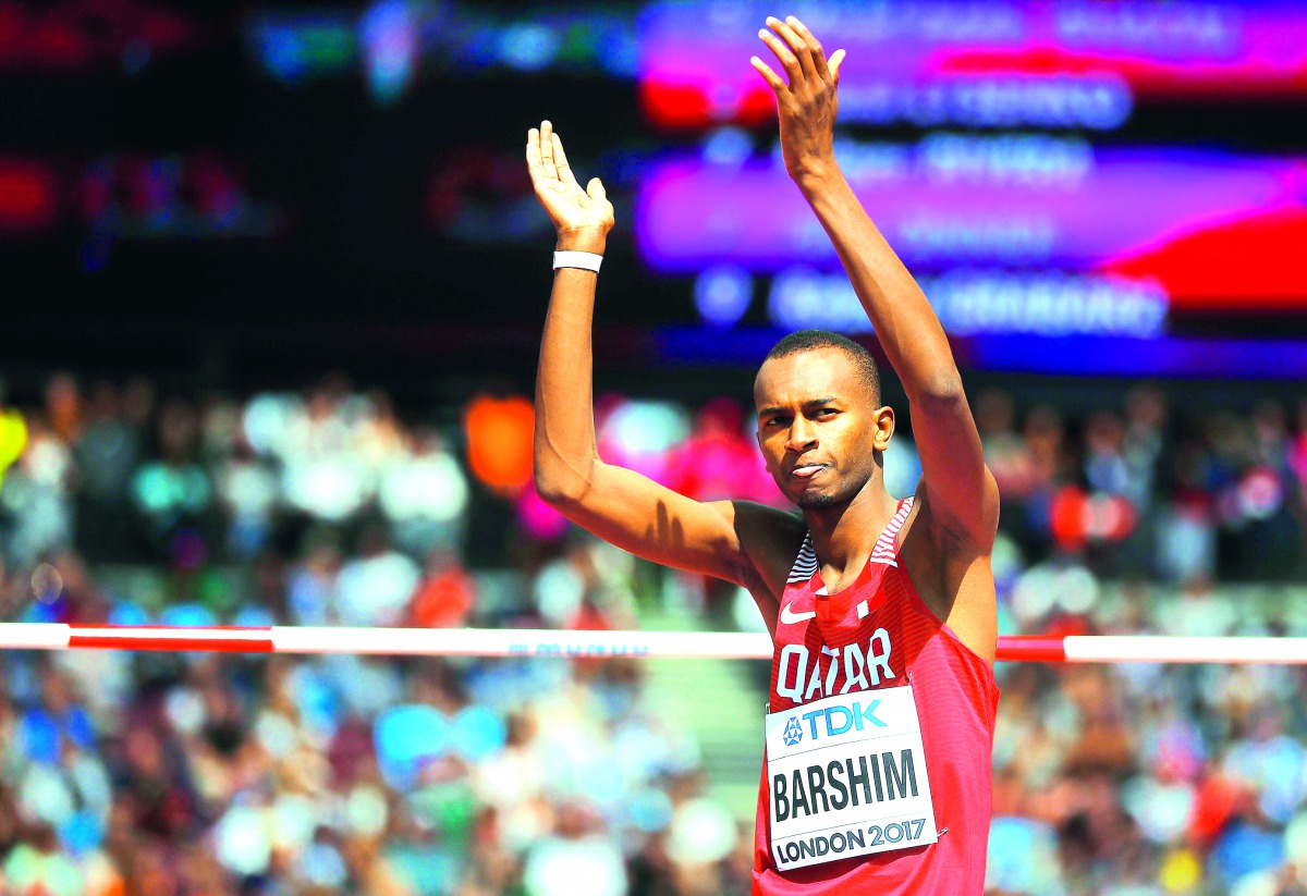 Mutaz Essa Barshim of Qatar reacts after qualifying for the final round of the men’s high jump competition at the IAAF World Championships in London yesterday. The gravity defying Qatari star breezed through yesterday’s qualification, clearing the automat