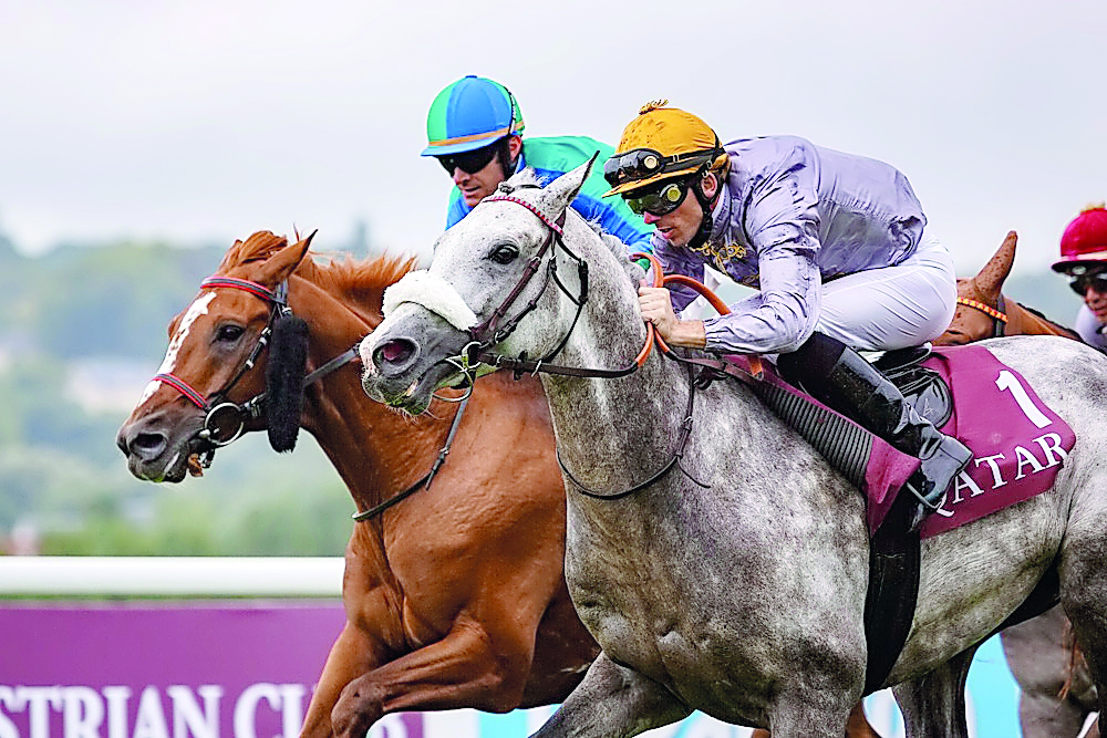 Jockey J Cabre (right) astride Khataab reaching the finish line to win the Doha Cup (Gr1).  