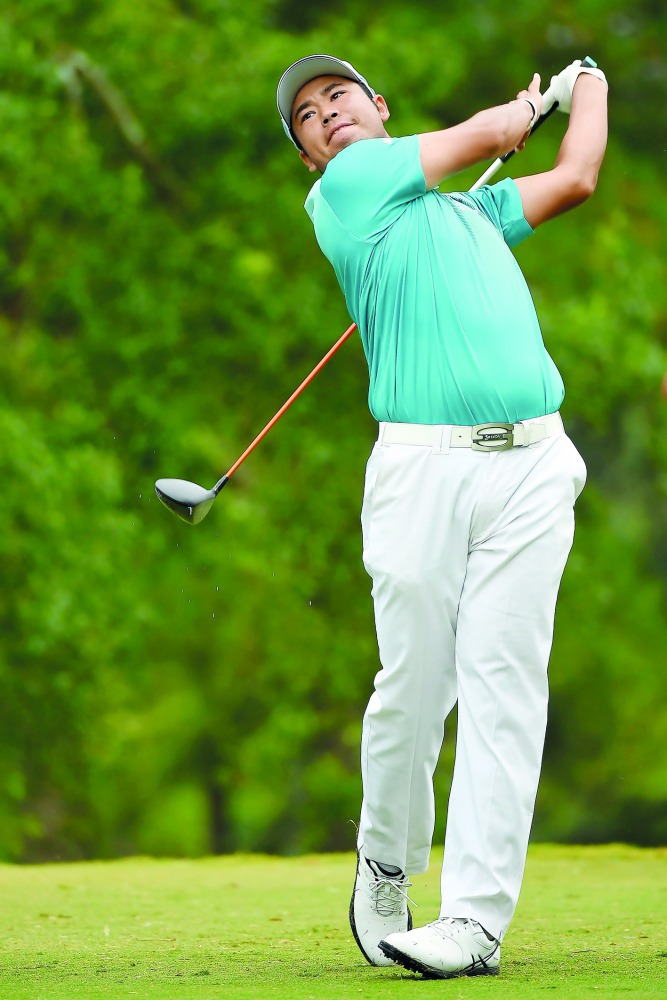  Hideki Matsuyama of Japan plays his shot from the 18th tee during the second round of the 2017 PGA Championship at Quail Hollow Club on Friday in Charlotte, North Carolina.