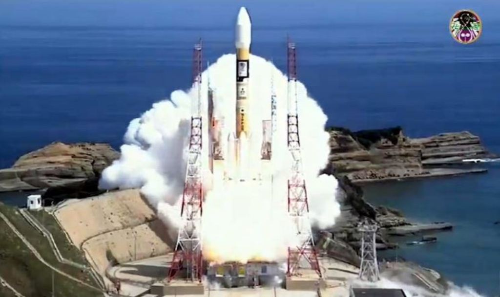 In this photo provided by the Japan Aerospace Exploration Agency (JAXA), an H-2A rocket carrying the Michibiki No. 3 global positioning system satellite lifts off from the Tanegashima Space Center in Kagoshima Prefecture, on Aug. 19, 2017.
