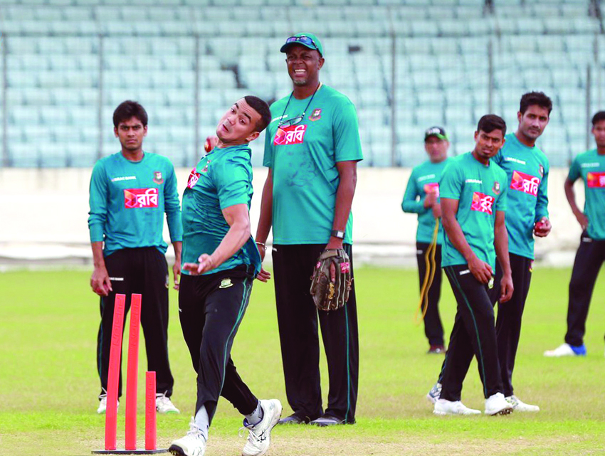 Bangladeshi players take part in a practice session at the Sher-e-Bangla National Cricket Stadium in Dhaka, watched by bowling coach Courtney Walsh, ahead of their two-Test series against Australia. Picture courtesy Twitter: Bangladesh Cricket 
