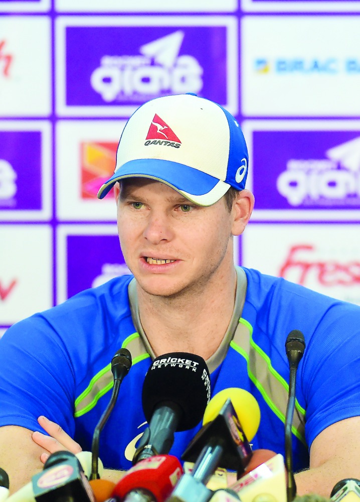 Australia cricket captain Steven Smith speaks during a press conference at the Sher-e-Bangla National Cricket Stadium in Dhaka yesterday.