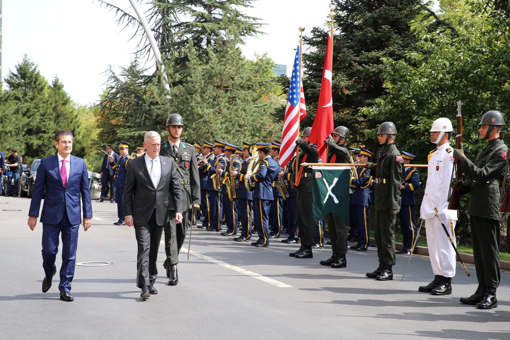 Turkey's Defense Minister Nurettin Canikli and U.S. Defense Secretary Jim Mattis review the guard of honour during a welcoming ceremony in Ankara, Turkey August 23, 2017. Baris Oral/Turkish Defense Ministry